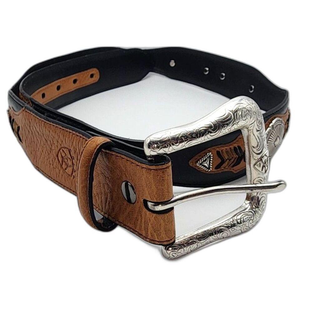 Ariat Men's Black & Brown Leather Belt Silver Embellishments size 36